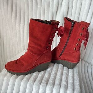 Fly London Yada Boots Suede Chunky Wedge Laced Up Back & Zipper Closure 6-6.5 US